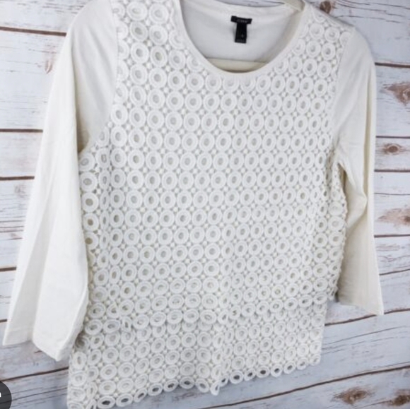 J. Crew White Circle Lace Top 3/4 Sleeve Shirt - Picture 3 of 6